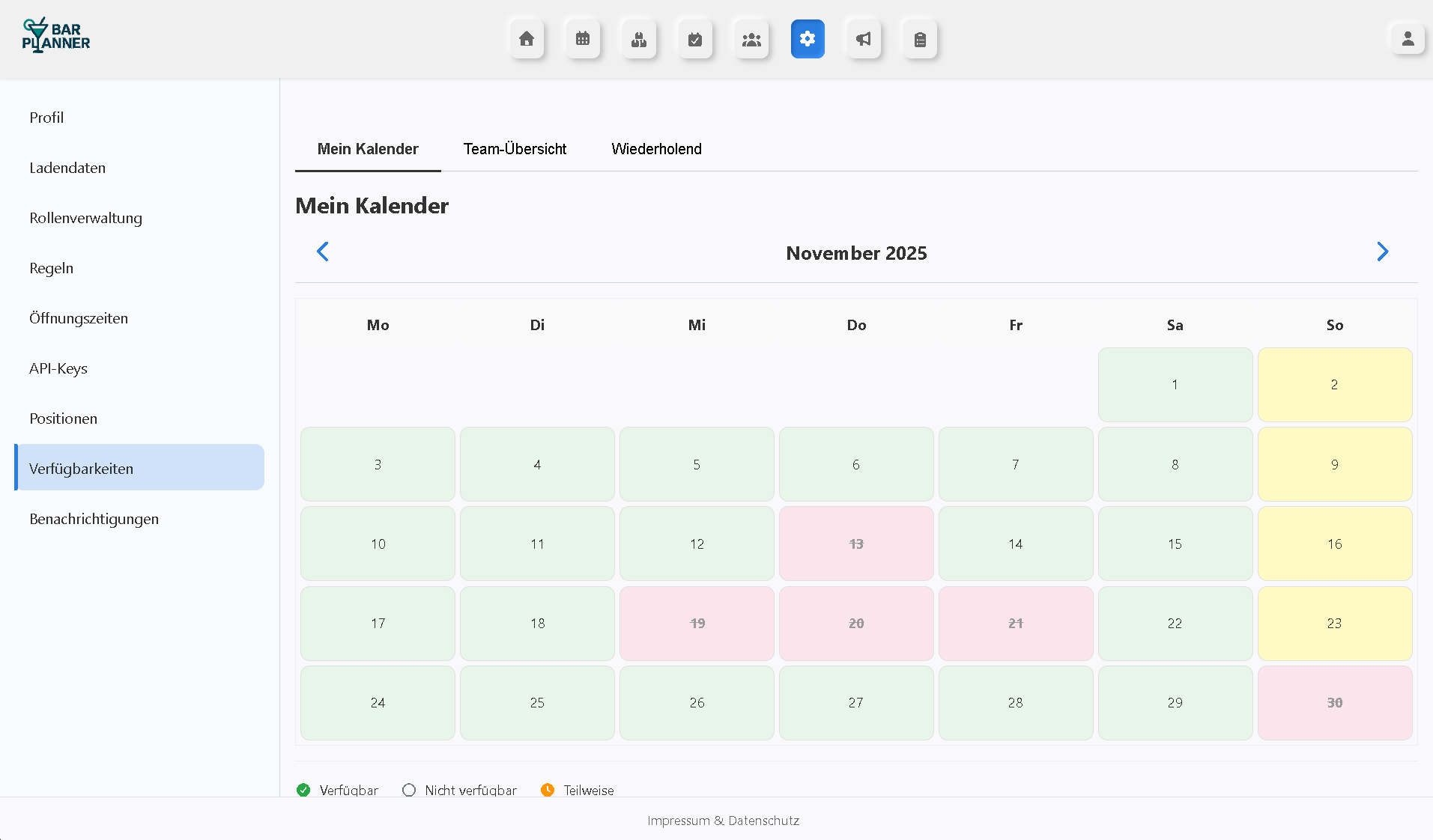 Screenshot der Verfügbarkeiten